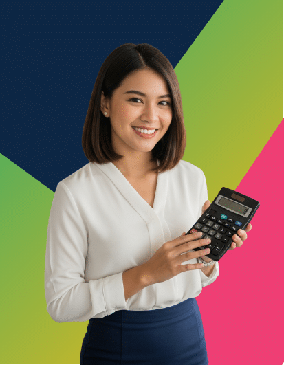 Smiling woman in a white blouse holding a calculator