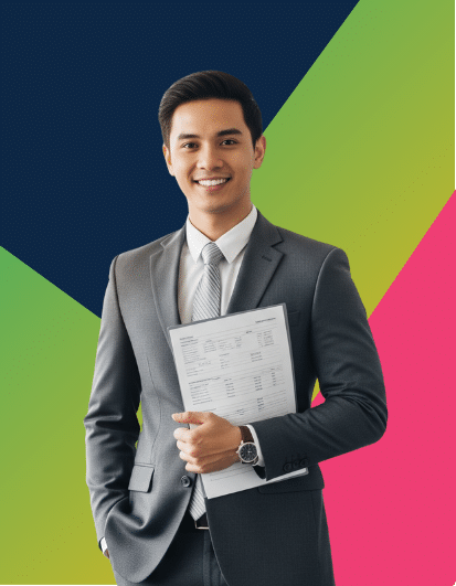 Young Asian professional man in a grey suit and tie smiling, holding business documents, against a geometric backdrop.