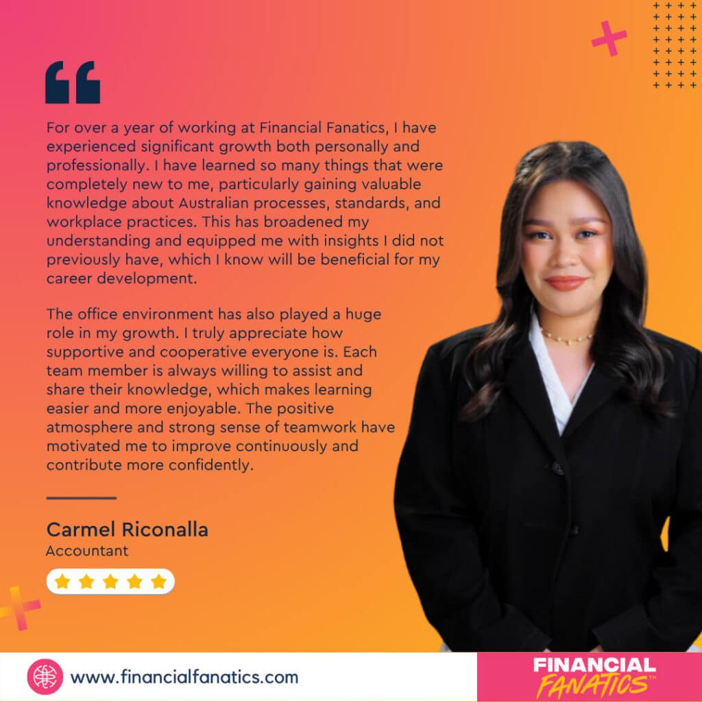 Carmel Riconalla, an Accountant at Financial Fanatics, smiles as she shares her positive work experience and growth.