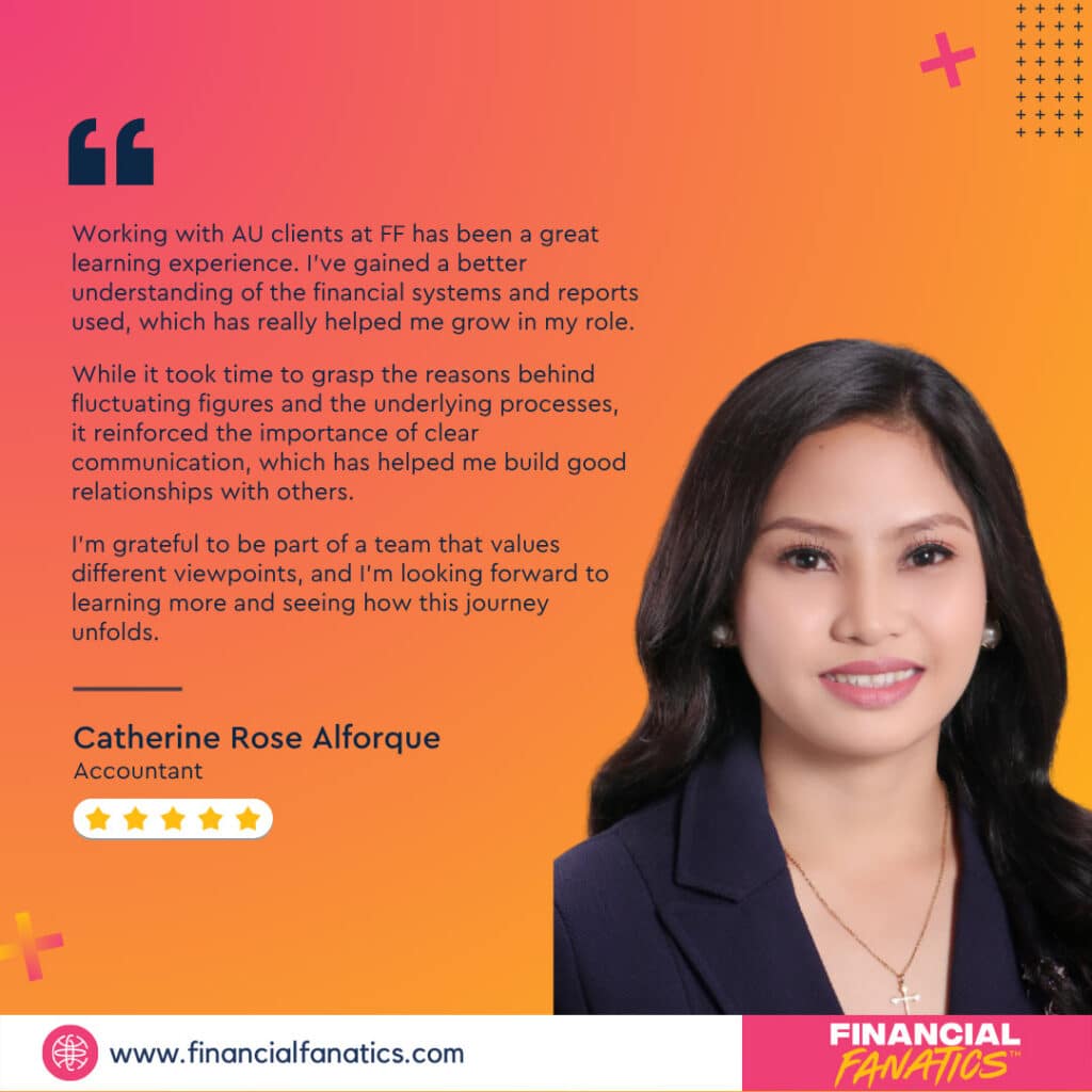 Professional portrait of Catherine Rose Alforque alongside her glowing testimonial about growth and teamwork at Financial Fan