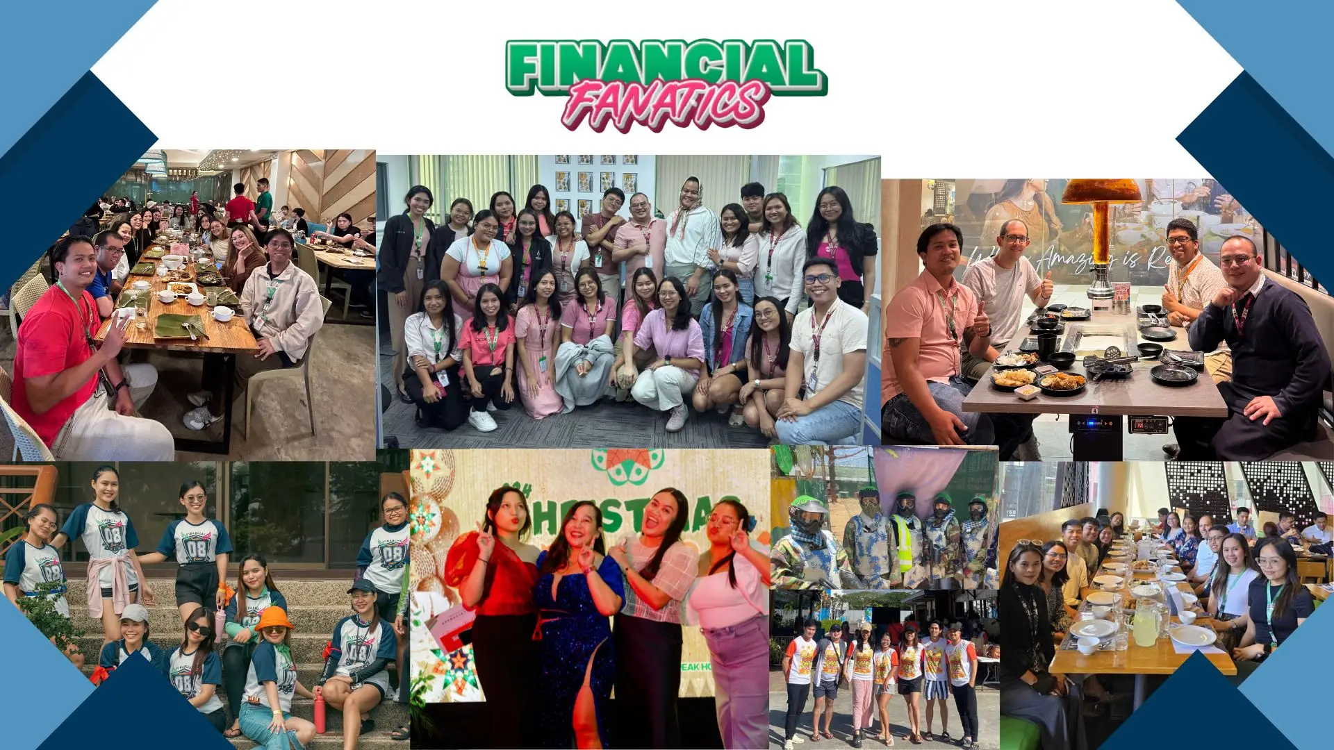 Collage of photos showing groups of people, team events, and celebrations for Financial Fanatics.