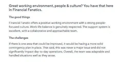Text detailing positive aspects of working at Financial Fanatics, including a strong culture and supportive team, along with